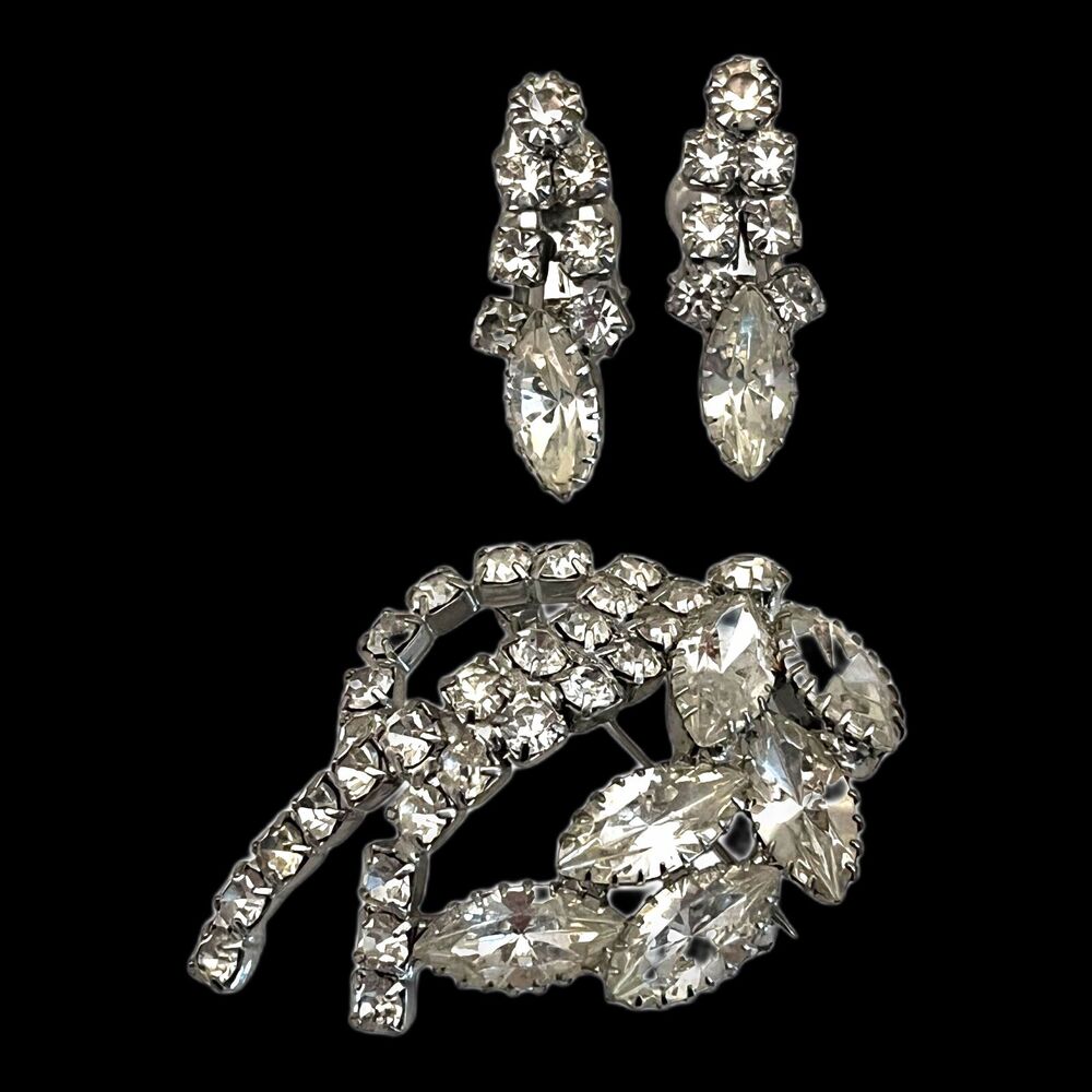 Vintage 1960s Rhinestone Brooch Earring Set Clear Navette Spray Silver Tone - 5P